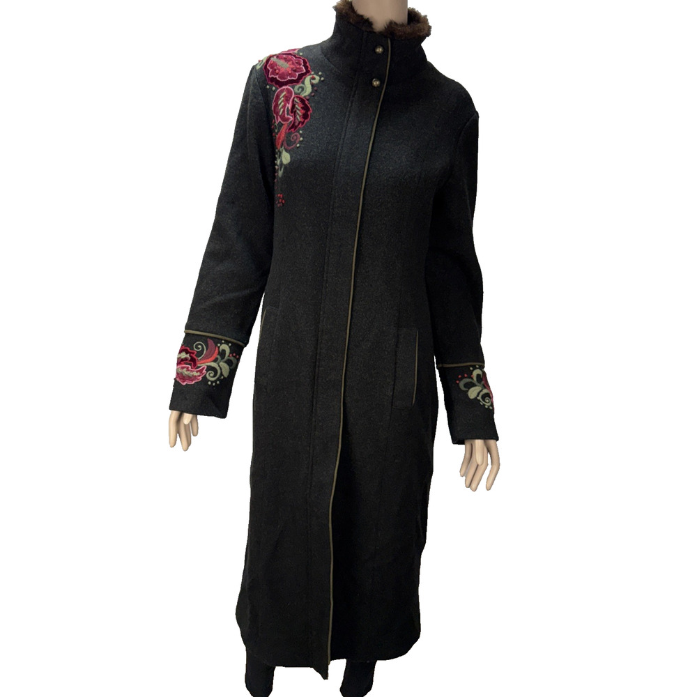 Icelandic Designs Floral Embroidered Long Over Coat Jacket Size M Gray Wool